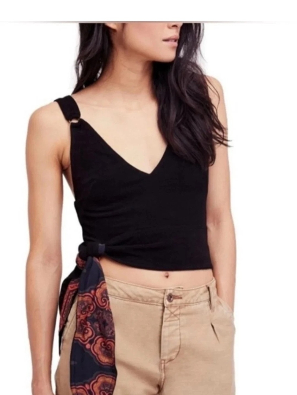 NWT Free People Black V-Neck Tie-Side Crop Top with Scarf Accent